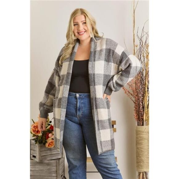 ADORA Full Size Checker Sweater Cardigan Plus Size - Picture 1 of 5